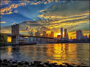 Nowy Jork, Zachód Słońca, Panorama, Most