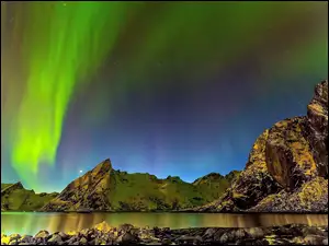 Góry, Islandia, Morze, Zorza Polarna