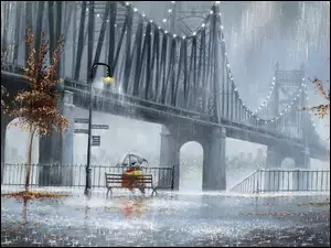 Deszcz, Obraz, Zakochani, Most, Parasol