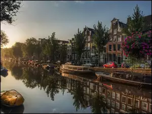 Drzewa, Amsterdam, Barki, Kanał, Domy