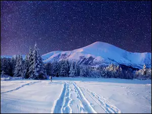 Niebo, Góry, Gwiazdy, Las, Śnieg