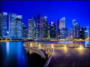 Singapur, Miasto Nocą, Wieżowce, Pomost