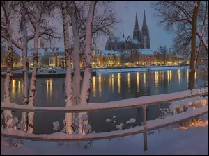 Rzeka, Katedra, Zima, Ogrodzenie, Regensburg, Płot, Śnieg, Drzewa