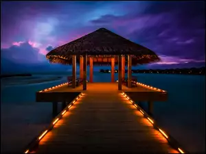Zachód, Pomost, Oświetlony, Malediwy, Słońca, Domek, Morze