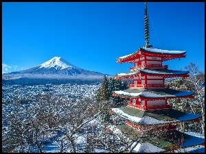 Wulkan, Zima, Świątynia, Japonia, Fudżi, Miasto