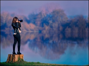 Dziewczyna, Jezioro, Fotografowanie, Aparat