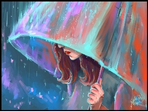 Dziewczyna, Parasolka, Grafika, Deszcz, Rudowłosa, Parasol