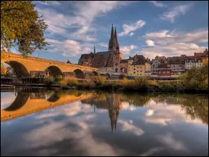 Jesień, Rzeka, Katedra, Most, Bawaria