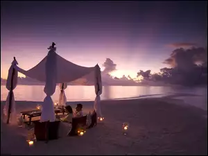 Namiot, Świece, Wakacje, Plaża, Para, Chmury, Romantycznie, Morze