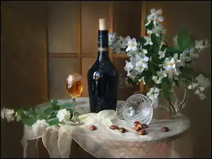 Kompozycja, Kwiaty, Jaśmin, Bukiet, Butelka wina