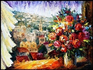 Obraz, Leonid Afremov, Bukiet Kwiatów w Oknie