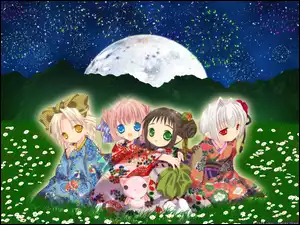 dziewczynki, Bottle Fairy, łaka, kimono, dzieci