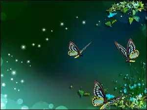 Motyle, Art, Niebieskie Kwiatki, Bokeh