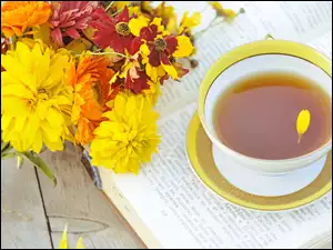 Książka, Herbata, Kwiaty