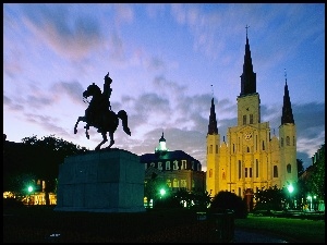 Pomnik, Katedra, Nowy Orlean, Wieczór, Luizjana, Jackson Square