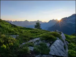 Promienie Słońca, Szwajcaria, Alpy, Góry, Świt