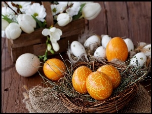 Koszyki, Wielkanoc, Jajka, Tulipany