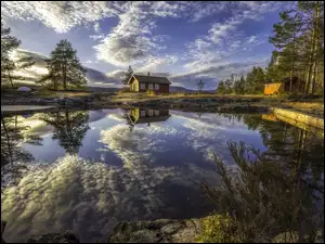 Drzewa, Dom, Norwegia, Ringerike, Odbicie, Jezioro, Chmury