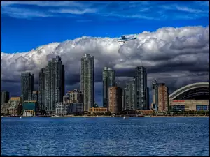 Drapacze Chmur, Jezioro, Kanada, Chmury, Toronto, Awionetka