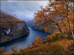 Góry, Drzewa, Rzeka, Jesień