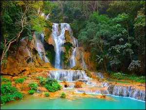 Laos, Las, Wodospad, Jeziorko, Kuang Si