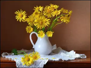 Kwiatów, Serweta, Bukiecik, Kompozycja, Żółtych, Dzbanek