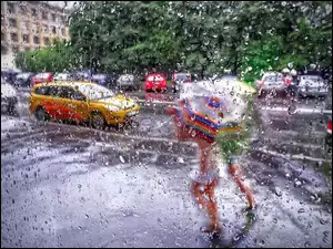 Samochody, Deszcz, Ludzie, Miasto, Parasole