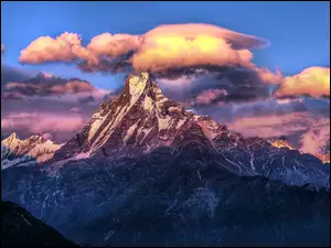 Chmury, Słońca, Góry, Nepal, Himalaje, Wschód