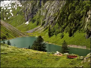 Góry, Szwajcaria, Jezioro, Ławka