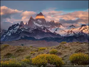 Patagonia, Śnieg, W, Góry, Argentyna, Chmurach, Roślinność