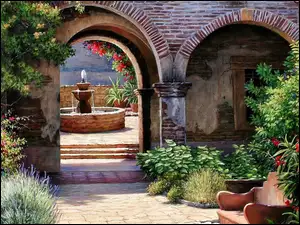 Obraz, Ogród, Fontanna, Patio, Kwiaty