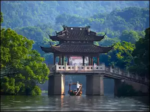 Łódka, Chiny, Lasy, Rzeka, Most