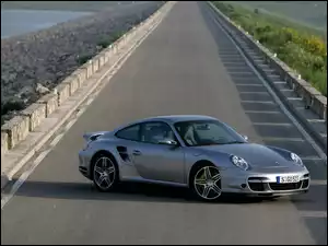 Droga, 911, Samochód, Srebrny, 
, Porsche, Turbo