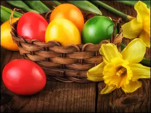 Wielkanoc, Żonkile, Kolorowe pisanki, Koszyk