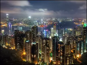 Nocą, Hong Kong, Chmur, Drapacze, Miasto