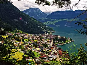 Miasto, Góry, Gersau, Panorama, Szwajcaria, Jezioro