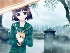 Niebo, Park, Parasol, Manga, Dziewczyna, Anime, Deszcz, Miasto
