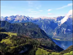 Koenigssee, Chmury, Lasy, Cień, Góry, Bawaria, Jezioro, Światło