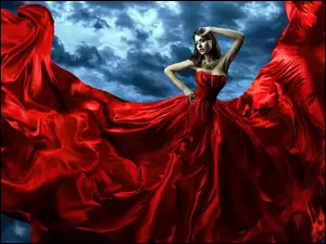 Chmury, Kobieta, Suknia, Czerwona, Niebo