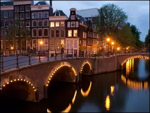 Zmierzch, Amsterdam, Most, Holandia, Domy