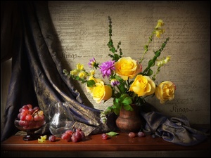 Kompozycja, Żółte Róże, Tkanina, Winogrona, Bukiet Kwiatów