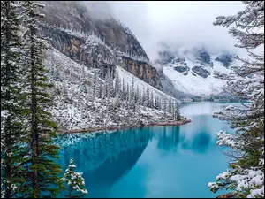 Kanada, Mgła, Moraine, Las, Jezioro, Góry, Lake, Zima