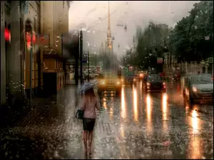 Deszcz, Ulica, Kobieta, Miasto