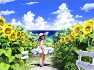 Manga Anime, Lato, Pole, Dziewczynka, Słoneczniki