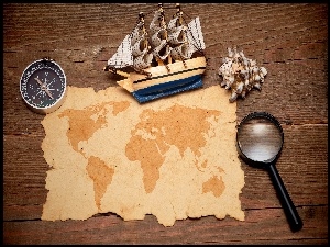 Kompas, Mapa, Lupa, Muszelka, Statek