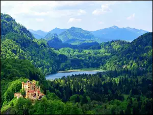 Jezioro, Hohenschwangau, Góry, Bawaria, Lasy, Zamek