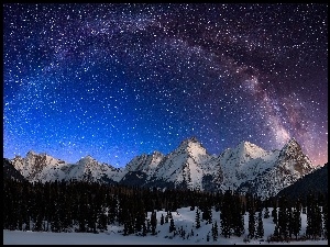 Noc, Mleczna, Zima, Droga, Góry, Las Gwiazdy