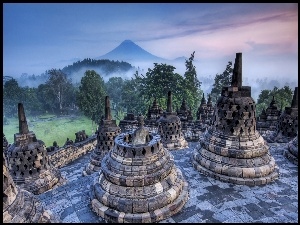 Góra, Posągi, Pałac, Indonezja, Mgła, Borobudur, Dżungla