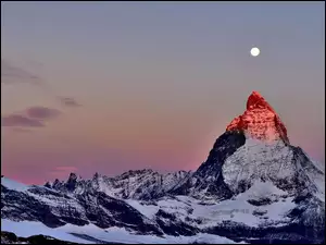 Szczyt, Księżyc, Góry, Śnieg, Alpy, Zachód Słońca