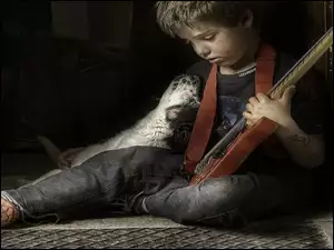 Gitara, Chłopiec, Pies